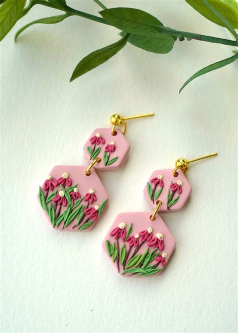 Pink Floral Earrings Polymer Clay Earrings Handmade Polymer Clay