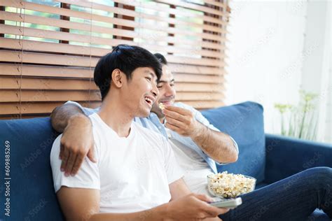 Happy Gay Couple Tender Moments In Livingroom Lgbtq Homosexual Love Relationship And Gender