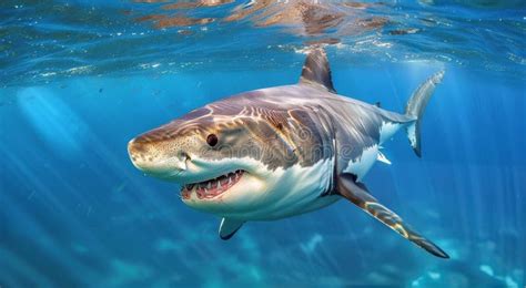 Great White Shark Swimming Underwater with Open Mouth Stock Image