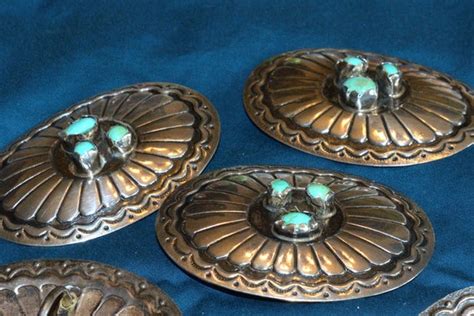 6 Vintage Silver Conchos With Turquoise Stones Gem