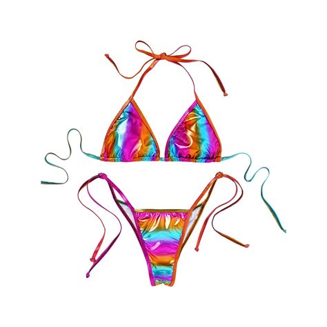 Women Metallic Bikini Set Bathing Suits Lace Up Padded Bra With Thongs Outfits Mirco Mini Bikini