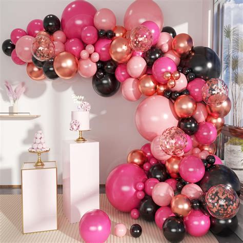 KINNO Hot Pink Black Rose Gold Balloon Arch Garland Kit 146 Pcs Rose Red Tender Pink Black