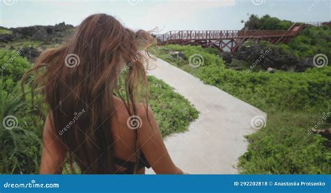Long Hair Woman In Bikini Walking Tourist Trail Stock Footage Video