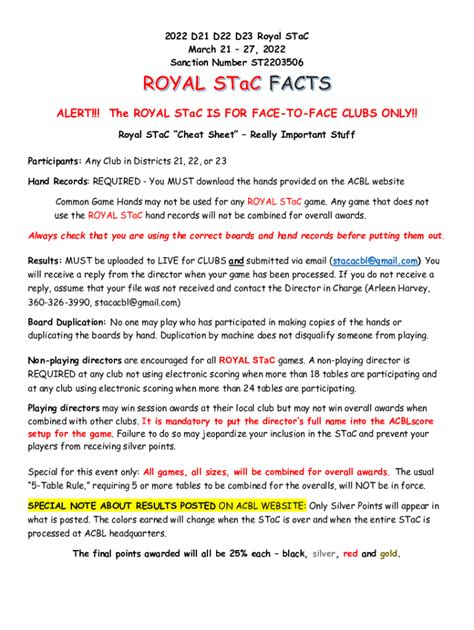 Fillable Online Web Acbl Royal Stac Cheat Sheet Fax Email Print