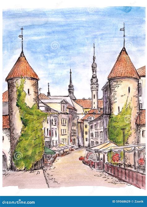 Schizzo Dipinto a Mano Del Portone Della Città Di Tallinn Illustrazione