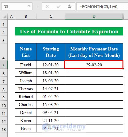 calculate  expiration date   excel formula  steps