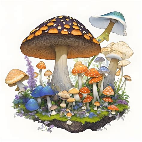 Premium Ai Image A Painting Of Mushrooms And A Plant With Blue And