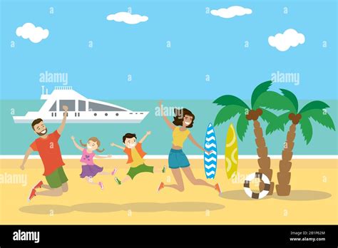 Playa Tropical De Dibujos Animados Feliz Familia Saltando En La Playa My XXX Hot Girl