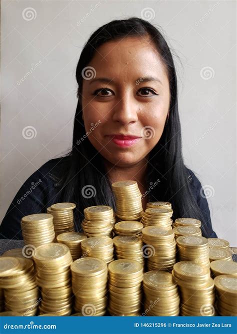 Brunette Business Woman And Stacked Mexican Coins Stock Photo Image Of Bank Exchange