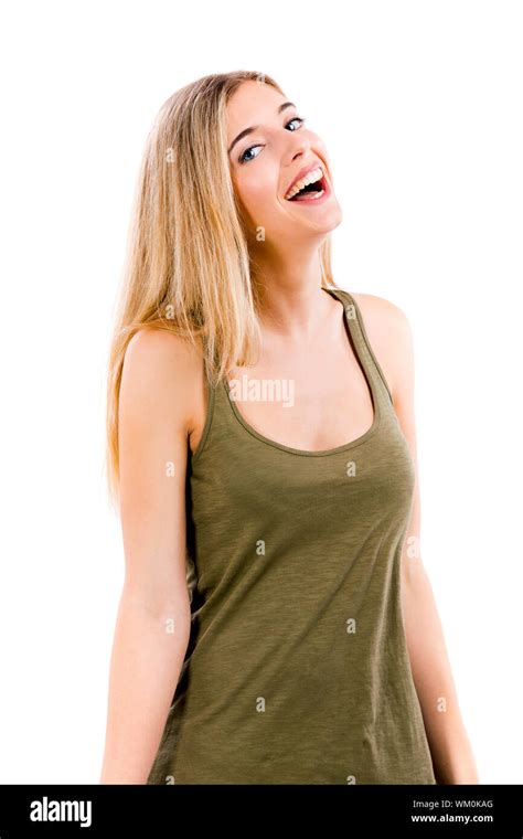 Beautiful Blonde Woman Laughing Isolated Over White Background Stock Photo Alamy