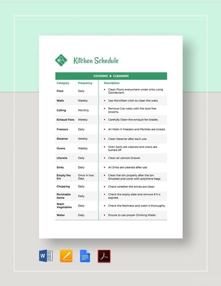 FREE Kitchen Cleaning Schedule Template - Download in Word, Google Docs, Excel, PDF, Google ...