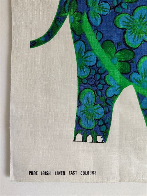 Vintage Belinda Lyon For Oxfam Irish Linen Tea Towel Blue Elephant