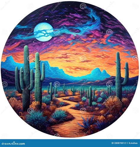 Acid Trip Desert Painting, Trippy Desert Artwork with Cacti