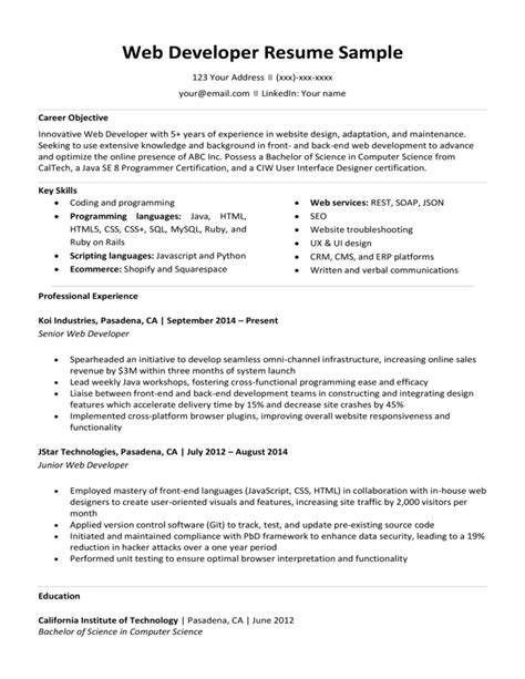 Web Developer Resume Sample And Writing Tips Resume Companion