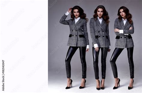 Sexy Pretty Beautiful Woman Fashion Model Brunette Hair Woman Wear Lather Pants Jacket Business