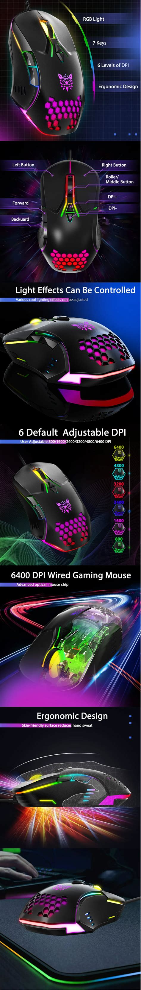 Onikuma Cw902 6400 Dpi Wired Rgb Backlit Gaming Mouse