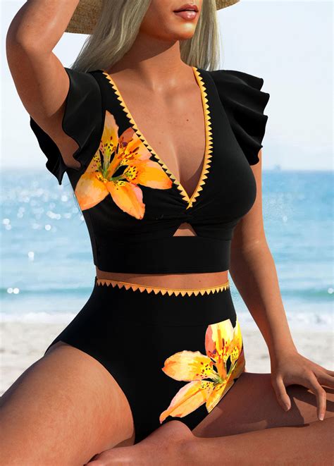 Contrast Binding High Waisted Floral Print Black Bikini Set Modlily Usd