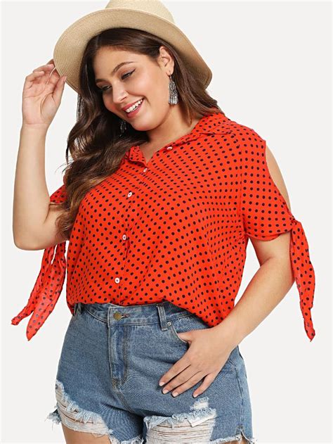 Shein Plus Tied Cuff Button Up Dot Shirt Blouse Types Plus Size Tops