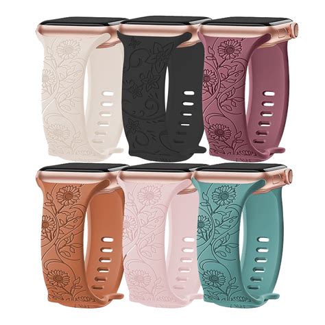 6 Pack Floral Engraved Bands Compatible With Apple Watch Band Women Soft Silicone Cute Flower