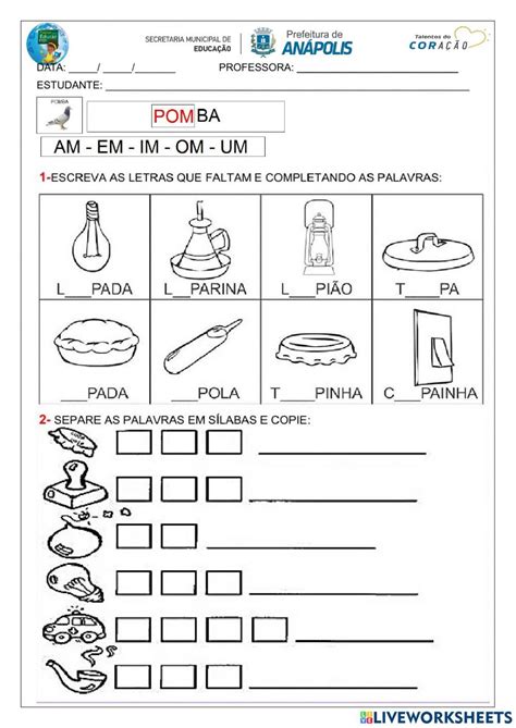 Atividade Com Am Em Im Om Um - Atividade AM EM IM OM UM worksheet | Atividades com a letra r ...