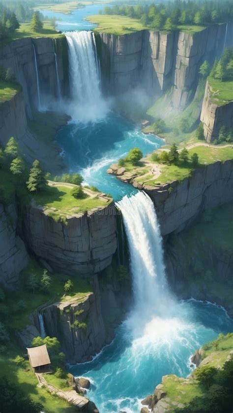 Hot Air Baloons Above Waterfalls In Clear Blue Sky Stock Illustration Illustration Of Baloons