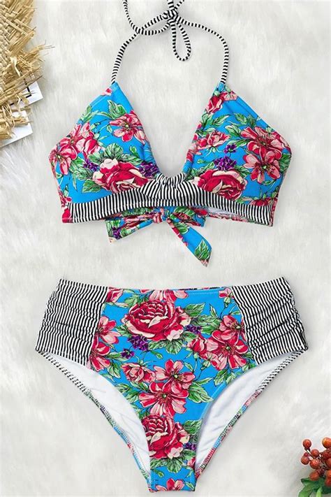 Red Floral And Stripe Halter Bikini Bestfashionhq Bikini Halter