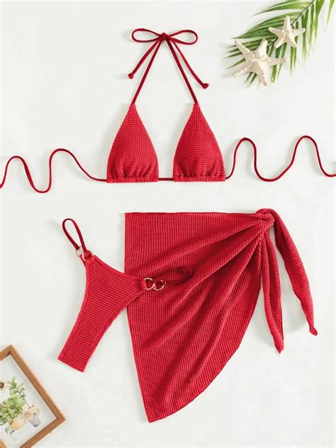 Sexy Brown Bikini Set 2024 Women Halter Push Up Bra Skirt Swimsuit