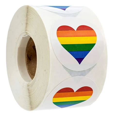 Gay Pride Sticker Rainbow Heart Design In Circle Stickers Per Roll Rainbow Color