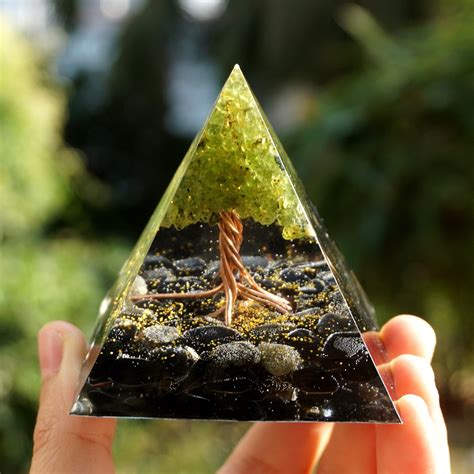 Gorgeous Peridot Tree Of Life Orgone Pyramid With Obisidian Orgone