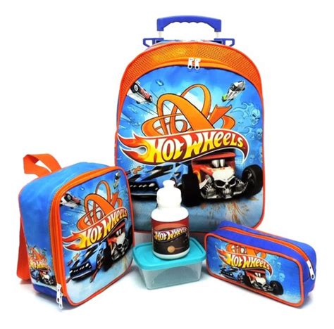Kit Mochila Infantil Escolar Fogo Caveira Hot Wheels Rodinhas Tam M F5 Frete grátis