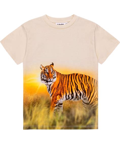 Roxo Tiger Sand Beige And Orange Organic T Shirt With Placement