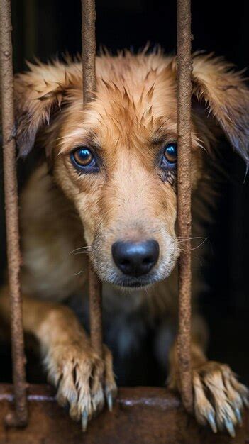 Un perro con una cara triste está detrás de las rejas de una jaula