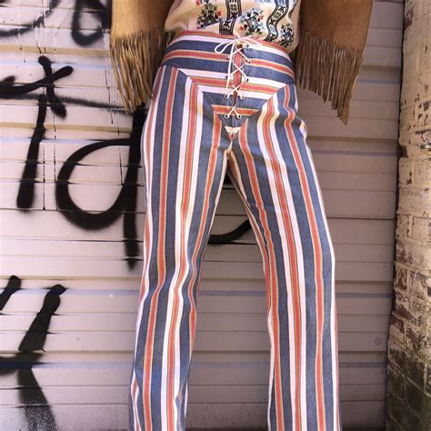 Stripe Hippie 1960s 1970s Lace Up Hip Hugger Bell Bottoms Jeans