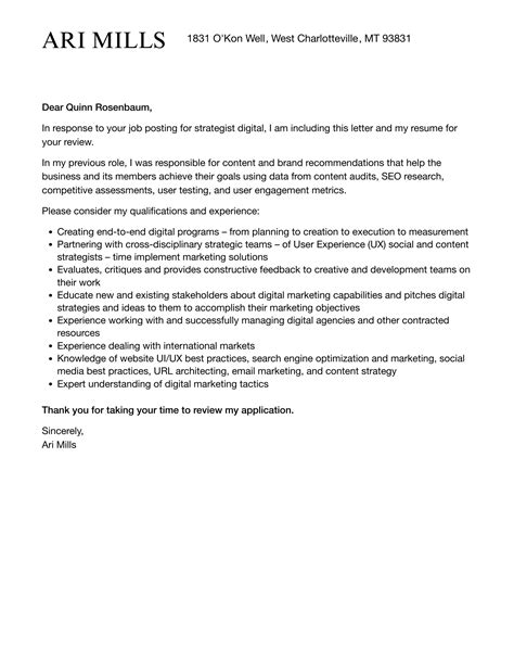 Strategist Digital Cover Letter | Velvet Jobs