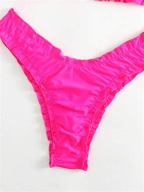 SHEIN Swim Basics Ruched Bikini Set Frill Trim Tie Back Bandeau Top High Cut Bottom Piece
