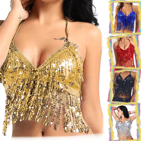 Crop Topplaya Lentejuela Camiseta Fiesta Bellydance Lentejue Crop Top