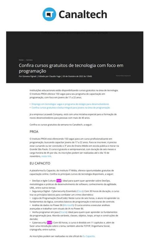 Canal Tech NOTÍCIAS CONFIRA CURSOS GRATUITOS DE TECNOLOGIA FOCO