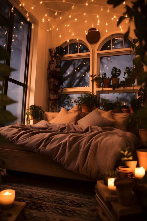cozy boho bedroom  dim lighting fairy lights candles  plants