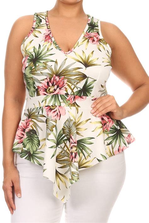 Plus Size Gorgeous Tropical Flower V Hem Top Hem Top Tops Plus Size