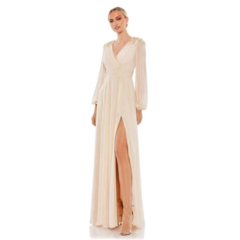 Mac Duggal Dresses Mac Duggal Nude Embellished Shoulder Blouson Sleeve Evening Gown Formal