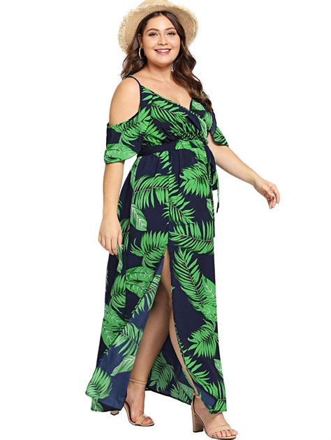 Milumia Womens Plus Size Cold Shoulder Floral Slit Hem Tropical Summer