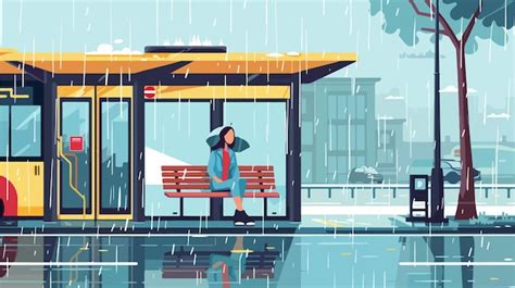 Bus Stop In Rainy Weather With Man And Woman Waiting In Rain Premium Ai Generated Vector