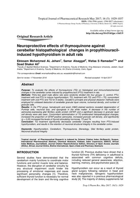 Pdf Neuroprotective Effects Of Thymoquinone Against Cerebellar