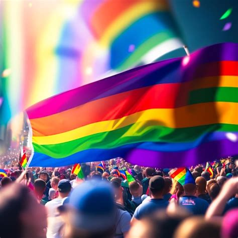 Una Multitud De Personas Con Banderas Del Arco Iris En El Fondo Foto