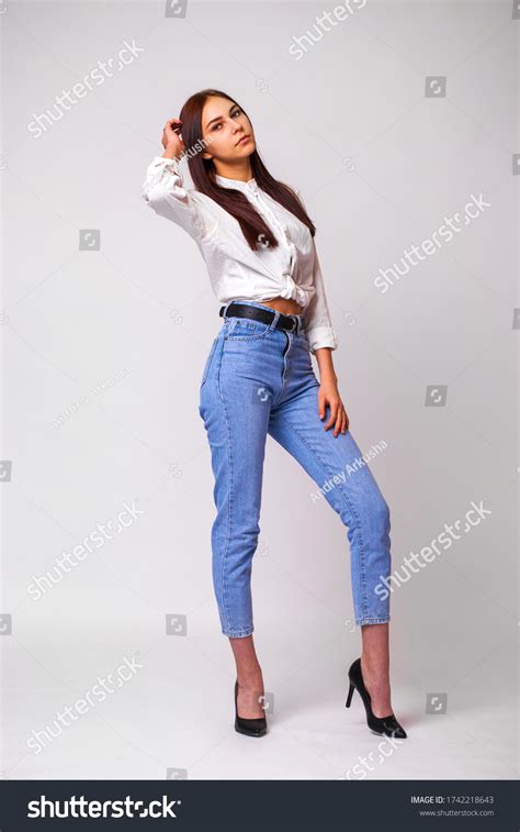 Beautiful Sexy Brunette Woman Blue Jeans Stock Photo Shutterstock