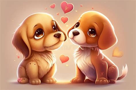 Cute Puppy Dogs In Love Cartoon Generative Ai Stock Illustration