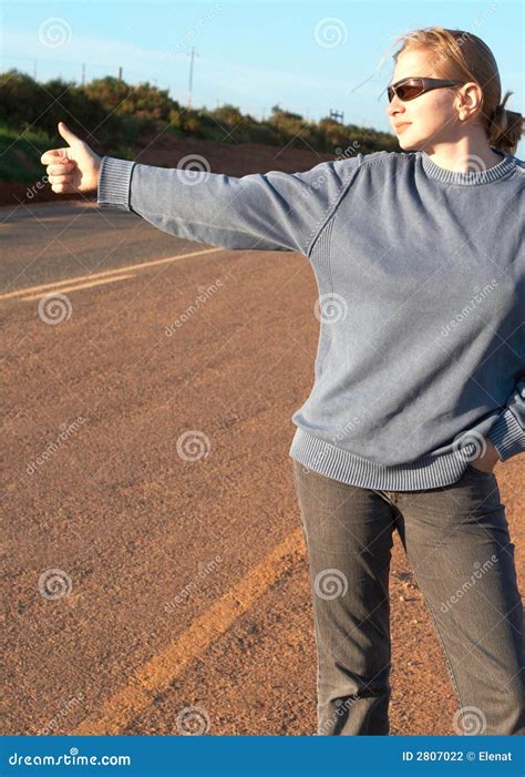 Blonde Woman Hitchhiker Stock Photo Image Of Road Jersey