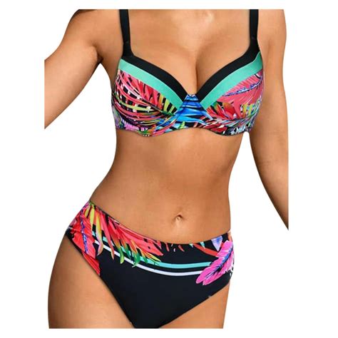 Taiaojing Womens High Waisted Bikini Sets Color Block Tummy Control Waist Swimsuit Split Print