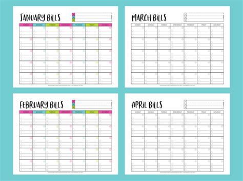 Printable Monthly Bill Calendars