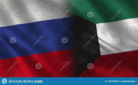 Russia And Kuwait Two Flag Together Fabric Texture Stock Image